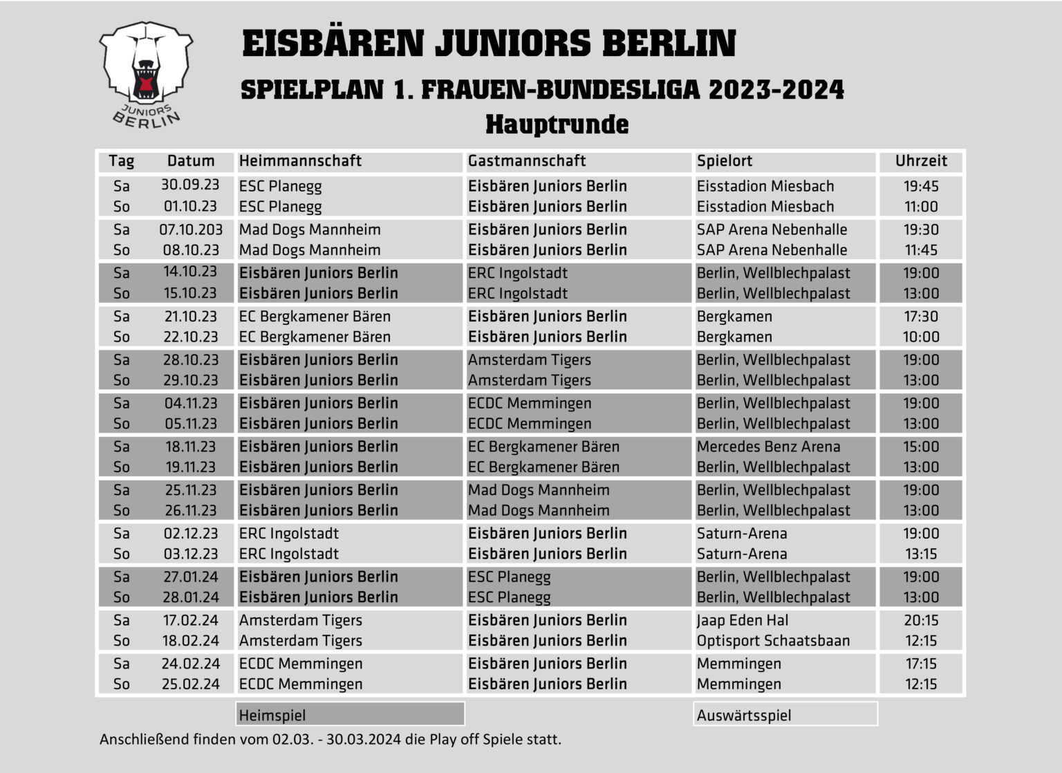 Der Spielplan für die Hauptrunde 2023/2024 ist da. - Eisbären Juniors 